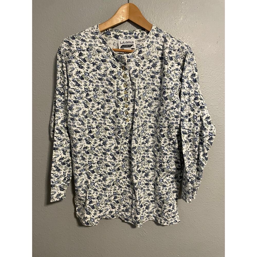 L.A. Gold Top Womens Large White Blue Floral Henley Long Sleeve Cottagecore 90s